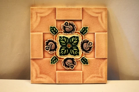 Vintage Japan Saji Tile Porcelain Ceramic Purple Rose Green Leaf Art Nouveau"903 Cover