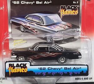 Johnny Lightning 62 1962 Chevy Bel Air Black With Flames Chevrolet Car w/RRs