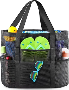 Beach Bag Large Mesh Beach Bag Lightweight Beach Tote with 9 Pockets Foldable Be - Picture 1 of 12