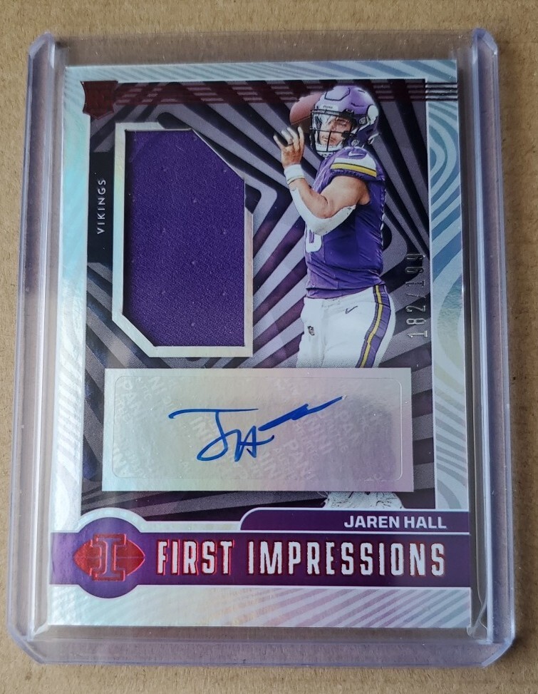 2023 Panini Illusions Jaren Hall First Impressions Auto Mem Red RC /199