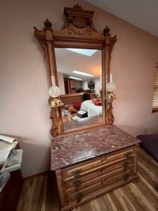 Victorian Antique BURLED walnut dresser, red marble top and mirror - Picture 1 of 5