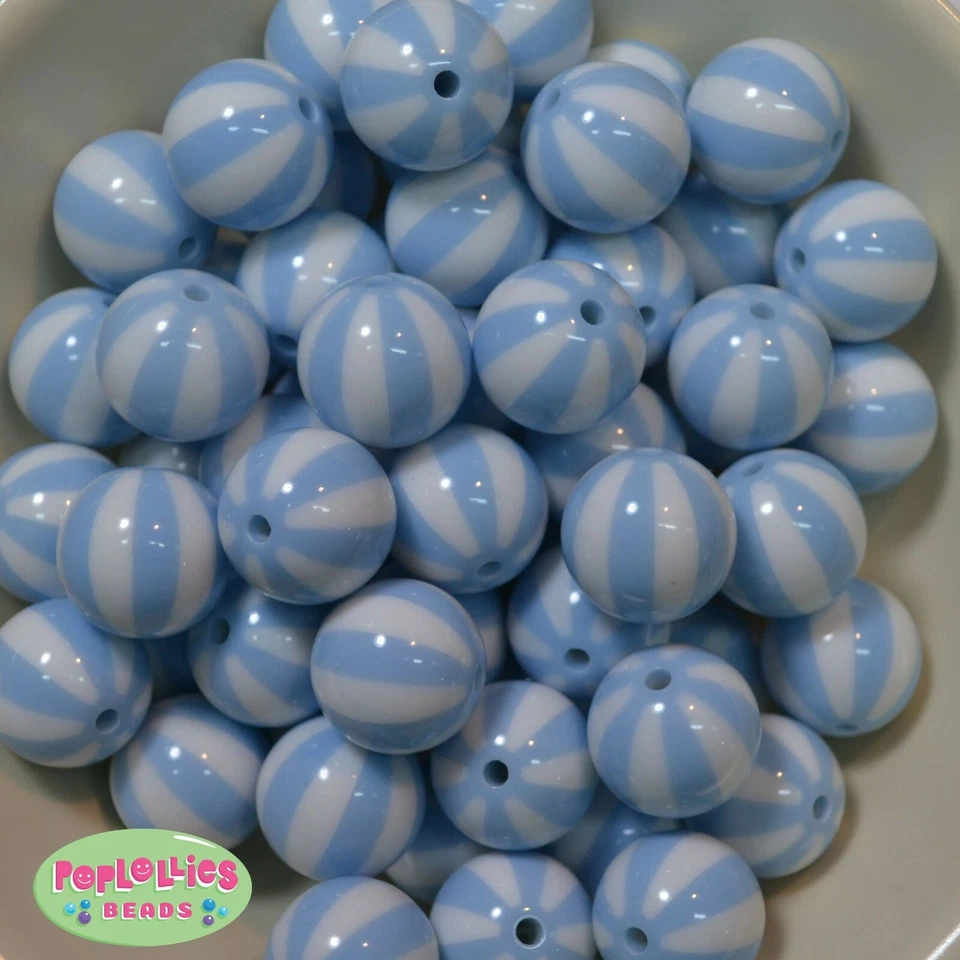 20mm Baby Blue Melon Striped Chunky Resin Bubblegum Beads Lot 20 pc. - Image 1 of 1