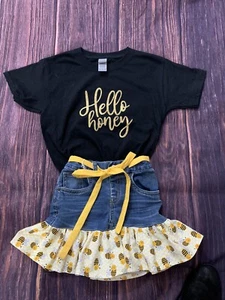 Hello Honey Size 4 Girls Shirt And Repurposed Jean Skirt With Bumble Print Ruffl - Picture 1 of 1