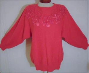 VINTAGE 80s JESSICA PINK FLORAL SATIN APPLIQUE PEARL BEADED CAPE SLEEVE SWEATER - Picture 1 of 12