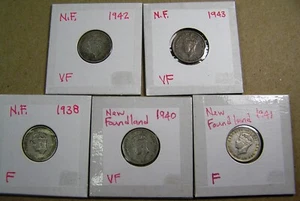 Newfoundland 10 Cents Lot of 5 Silver Coins, KGVI Different Dates 1938 to 1943 - Bild 1 von 12
