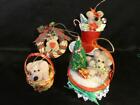 4 Vintage Pom Pom Teddy Bear Christmas Ornaments - Stocking, Wreath & Baskets