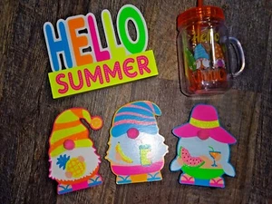 Gnome home decor Summer Neon colors LOT ~ table decor & cup w/straw - Picture 1 of 7