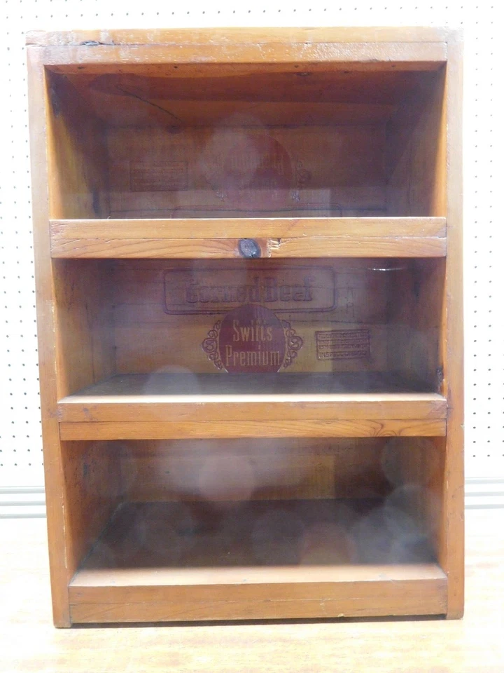 Espléndido estuche de madera vintage victoriano de 3 estantes "Swift's Premium", estantería Foto 1 de 4