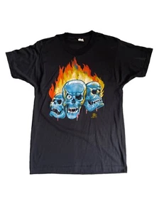 Vintage 80s Skull Blue Skeleton Flames T Shirt Size M Single Stitch 3D Emblem - Picture 1 of 13