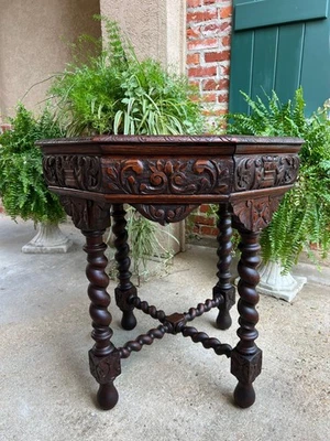 Antique French Octagon Sofa Table Carved Oak Barley Twist Louis XIII Renaissance - Image 1 of 4