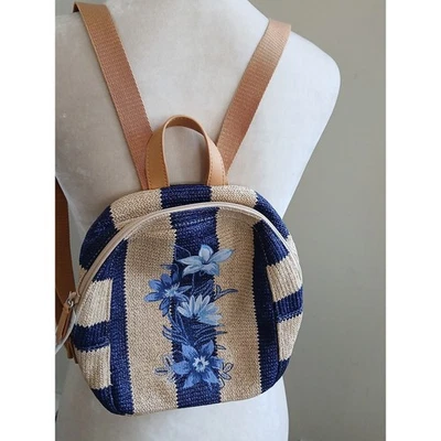 NWT Vera Bradley Mini Backpack Navy Stripe Straw Floral Lightweight Travel Bag - Image 1 of 4