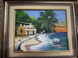 Ein Gemälde mit Darstellung einer Strandlandschaft mit einer Hütte, einer Palme und dem Meer 15х13 - Bild 1 von 6