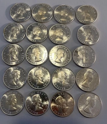 Medio dólar canadiense de plata 1960 Canadá 50c rollo sin circular 20 monedas Foto 1 de 2