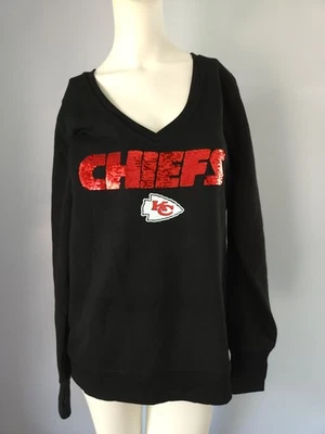 NEW Womens Black Kansas City Chiefs Sequin Logo V-Neck Pullover Sweatshirt SMALL - Image 1 of 4