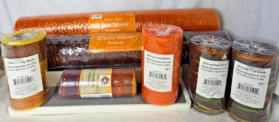 Lot 7 Halloween Fall Black Orange Deco Mesh Ribbon (2)21" Rolls & (5) 5.5'' Roll - Image 1 of 4