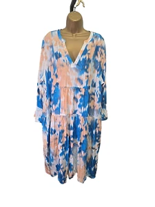Susan Graver Tiered Midi Dress Womens XL Blue Peach Gold Fleck Empire Waist Boho - Picture 1 of 10