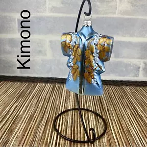 Rare Kimono Japanese Floral Blue Glass Blown Hand Crafted Christmas Ornament - Picture 1 of 9