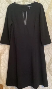 New Dennis Basso Luxe Crepe Dress Black Split Neck  With Braided Faux Leather 12 - Picture 1 of 7