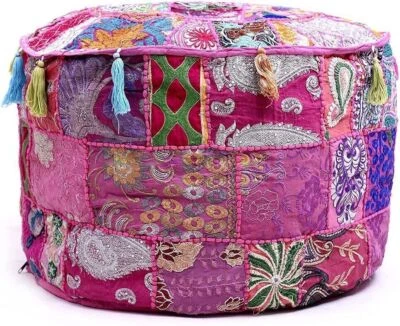 Indian Handmade Vintage Pouf Cover Ottoman Patchwork Pouf Embroidered Stool - Image 1 of 3