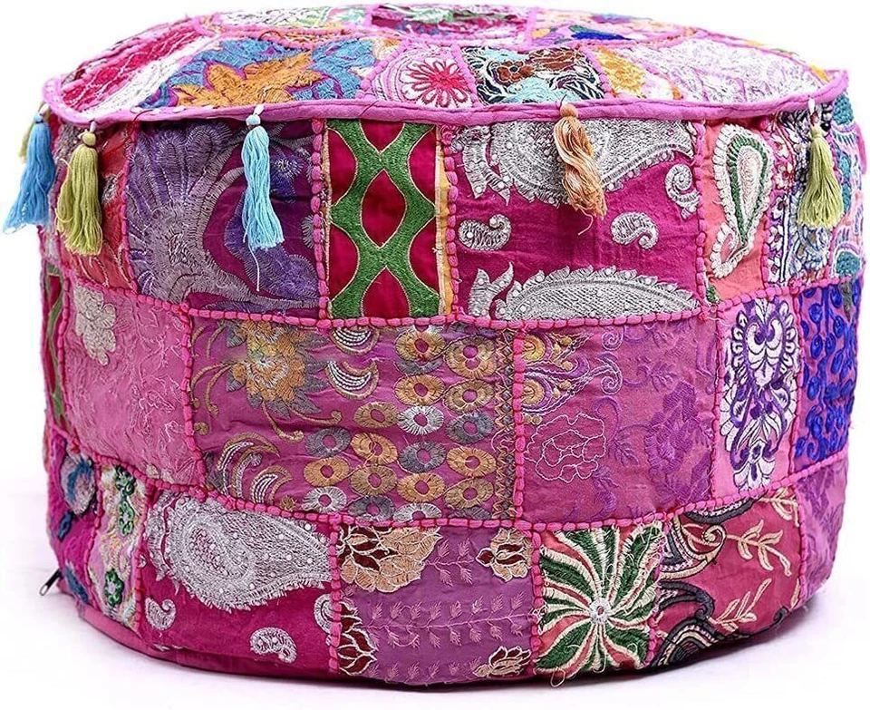 Indian Handmade Vintage Pouf Cover Ottoman Patchwork Pouf Embroidered Stool - Image 1 of 3