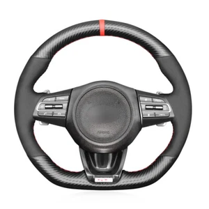 Black Carbon Fiber Suede Red Marker Soft Steering Wheel Cover For Kia Stinger - Picture 1 of 16