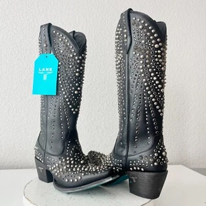 Lane DOLLY Womens Cowboy Boots 7.5 Black Studded Western Cowgirl Mid Calf Tall - Picture 1 of 11