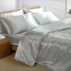 Silver Satin Super King Duvet Cover, Fitted Sheet + 4 pillowcases - Picture 1 of 1