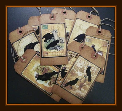 ANTIGUOS CUERVOS PRIMITIVOS - DISEÑOS ANTIGUOS - JUEGO DE NUEVE ETIQUETAS COLGANTES DE CUERVOS DIFERENTES Foto 1 de 4