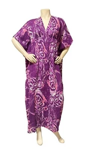 1970s Vtg Hawaiian Psychedelic Kimono Barkcloth Caftan Dress Maxi Aloha L Purple - Picture 1 of 8
