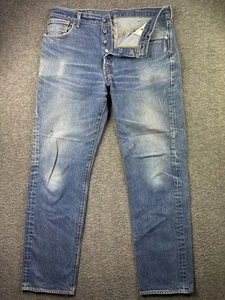 Levis 501 Jeans Mens 38x38 Blue Denim Straight Leg Button Fly Distressed Pants - Picture 1 of 13