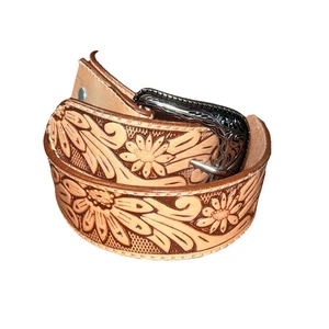 Cintura western in vera pelle marrone con lavorazione floreale 23-28 classica rodeo - Foto 1 di 4
