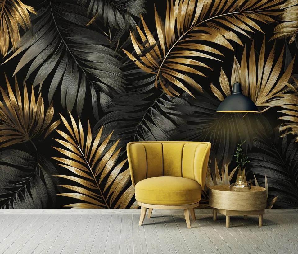Papier Peint Intissé Panoramique Feuilles Noir Or Modern XXL Chambre et Salon 10 - Photo 1/4