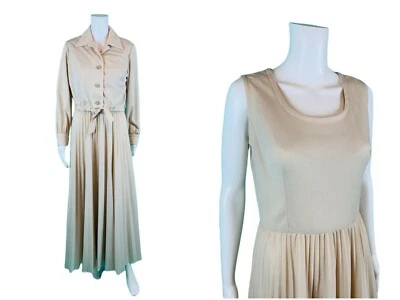 Vintage 70s Dress Set Womens M Khaki Rhinestone Buttons Dramatic Pleated Maxi Sk - Image 1 of 4
