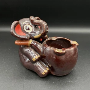 Vintage brauner Elefant hält Pfeife Redware Aschenbecher Made in Japan Mid Century - Bild 1 von 7