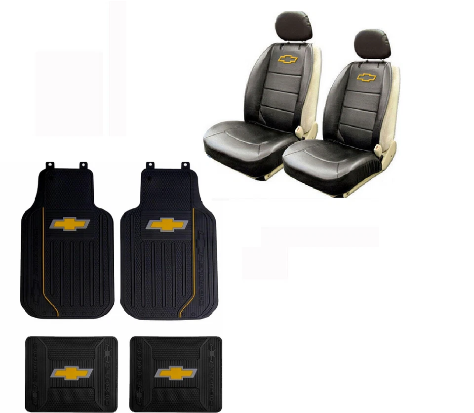 New 8pc Chevy Elite Bowtie Logo Front Back Rubber Floor Mats & Seat Cover Set — 第 1/2 张图片