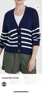 Women's Button-Up Cardigan - On 34th Cardigan Blue White Striped Sz Medium - Picture 1 of 10