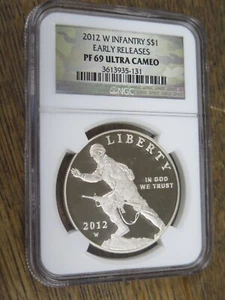 2012 W Infantry Silver $1 Early Release PF69 Ultra Cameo NGC Camo Label - Picture 1 of 3