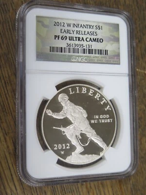 2012 W Infantry Silver $1 Early Release PF69 Ultra Cameo NGC Camo Label - Image 1 of 3