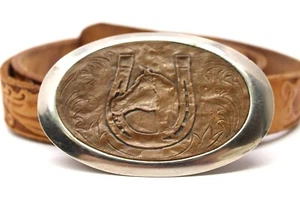 Western Silver Toned 4"Horse Head Resin Buckle 1" Tooled Leather Belt 36" Size - Picture 1 of 4