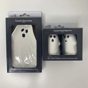 Juego de saleros y pimenteros fantasmas de cerámica de Halloween y reposapiés - Imagen 1 de 3