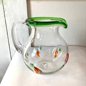 Large glass pitcher hand blown green and clear glass handmade glass red peppers - Picture 1 of 10