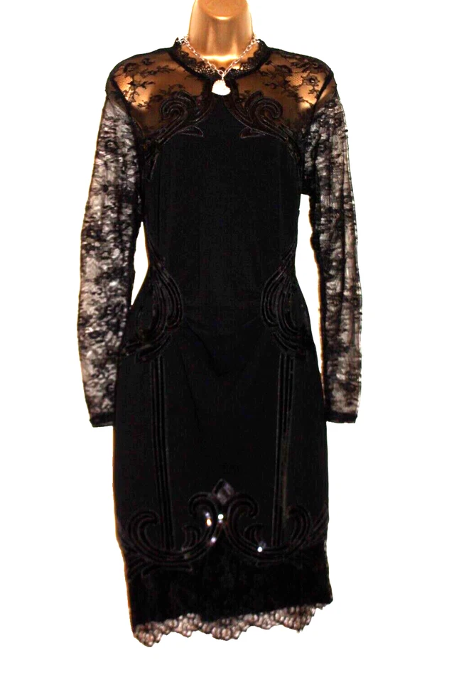 Lipsy Black Bodycon Dress 14 Party Long Sleeve Sequin Lace Occasion Wedding Xmas - Image 1 of 4