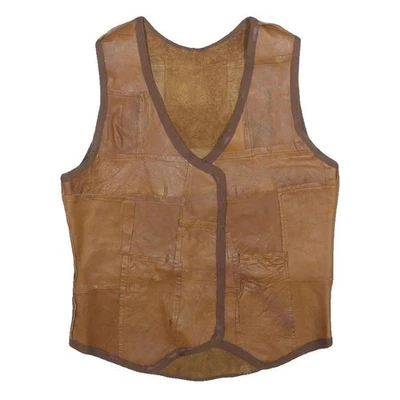 Womens Brown Leather Patchwork Button Jacket M Leather Patchwork Casual - Image 1 of 4