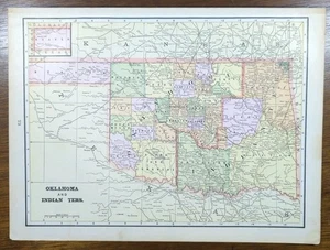Vintage 1898 OKLAHOMA INDIAN TERRITORIUM Karte 14"x11" alt antik Original EL RENO - Bild 1 von 8