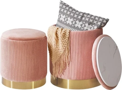 Set of 2 Pink Round Storage Ottomans – Velvet Pouffe Stools & Side Tables - Image 1 of 4