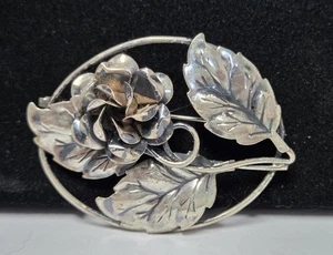 Antike Sterling Silber ovale Blume Brosche Rosenblüte Blätter Anstecknadel 1930er 2,25" L - Bild 1 von 16