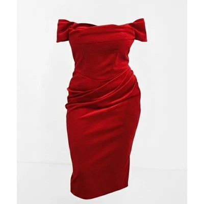 NWT Asos Design Curve Size 20 Drape Bardot Corset Red Velvet Pencil Midi Dress  - Image 1 of 4