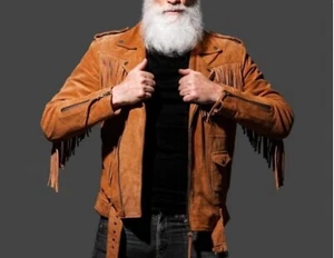 Fringe Suede Leather Belted Jacket Men's Western Style Fringe Jacket Cowboy Frin - Picture 1 of 4