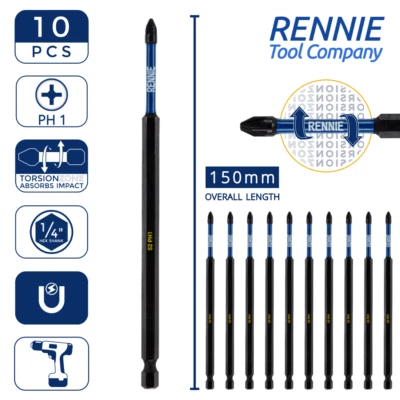 RENNIE TOOL COMAPNY 10 x PH1 150mm Long Magnetic Impact Duty Screwdriver Drill Driver Bits Phillips
