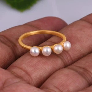 Multi Pearl Silver Ring, Gold Plated Stackable Pearl Ring Multi Stone Women Band - Picture 1 of 9